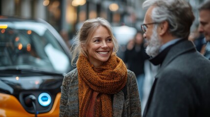 Leinwandbilder - A woman with a warm smile converses with a man wearing glasses, both standing near a charging electric vehicle in a bustling city environment during daylight.
