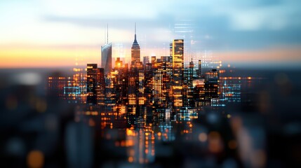 Poster - Stylized nighttime cityscape featu glowing buildings and overlaying digital elements representing connectivity and data flow in a vibrant urban landscape