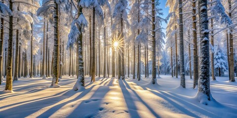 Aufkleber - Sunlit Winter Forest Majestic Trees Cloaked in Snow, Casting Long Shadows on a Pristine, White Landscape