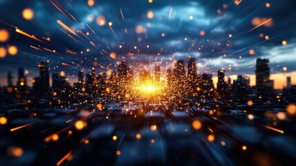 Poster - A Vibrant Cityscape at Sunset Surrounded by Fiery Particles Streaks of Light and Bokeh Creating a Dynamic Energetic Urban Scene of Beauty