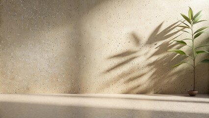 Leinwandbilder - Serene Minimalist Studio Backdrop with Plant and Light Shadow Play on Textured Wall