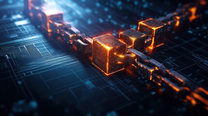 Poster - A Stylized Digital Rende Showing Two Chains of Glowing Orange-Red Data Blocks Linked Together on a Dark Circuit Board Representing Blockchain Tech