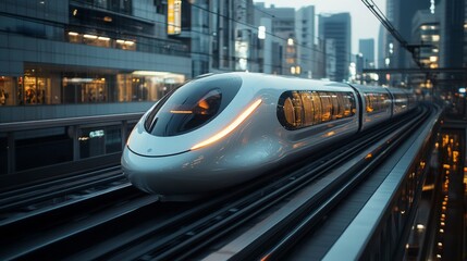 Fototapete - A sleek smart train approaches a bustling cityscape at dusk, highlighting the synergy of advanced transportation technologies and urban mobility solutions in a vibrant environment.