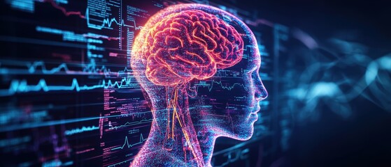 Aufkleber - Digital rende of human head in profile with glowing brain visible through transparent skull against abstract data streams and waveforms background
