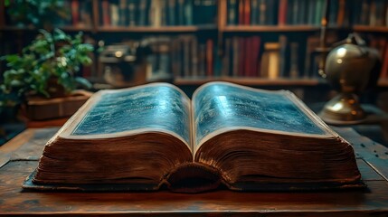 Poster - Open ancient leather book with glowing magical pages in dark library setting with antique globe and green plant, creating mystical atmosphere for fantasy and education concepts.