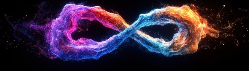 Poster - a vibrant swirling infinity symbol made of fiery multicolored smoke against a deep black background 