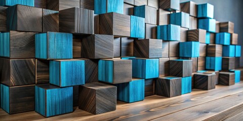 Aufkleber - Abstract Composition of Dark and Teal Wooden Cubes on a Wooden Surface