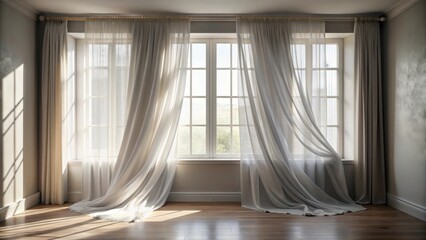 Aufkleber - Sunlight streams through sheer curtains billowing gently in a serene room with hardwood floors