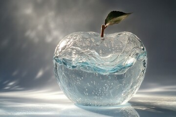 Poster - A glass apple captures movement with wave-like patterns and gentle bubbles, showcasing a realistic leaf atop the shining surface