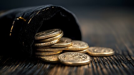 Poster - Golden coins spilling from black velvet pouch on rustic wooden surface, dramatic lighting creates contrast between shiny metal and dark background.