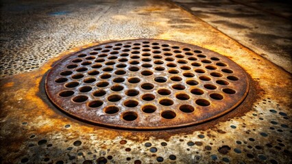 Poster - A weathered circular metal grate with numerous perforations, showing signs of extensive rust and corrosion, set against a similarly textured backdrop