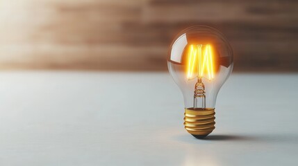 Poster - Glowing lightbulb with filament shaped like letter M on light gray surface, blurred wood panel background creates an artistic, unique lighting concept.