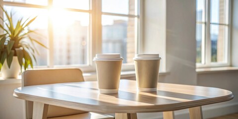 Fototapete - Two disposable coffee cups sit on a light wood table bathed in sunlight streaming through a nearby window.