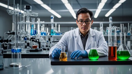 Poster - scientist conducting experiments in a laboratory with colorful chemical reactions and glassware