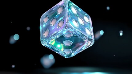 Poster - Glowing translucent dice with holographic effect floating on dark background with bokeh lights. Crystal gaming cube with luminescent dots creates magical atmosphere.