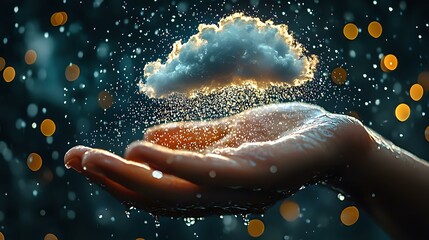 Poster - Magical glowing cloud floating above open palm at night with sparkles and bokeh lights creating dreamy atmospheric scene. Fantasy concept for spiritual healing.