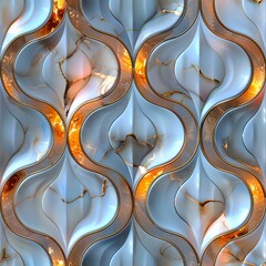 Poster - Elegant wavy pattern with glowing golden curves on soft blue background creates luxurious seamless design for modern interior decor and textile projects.