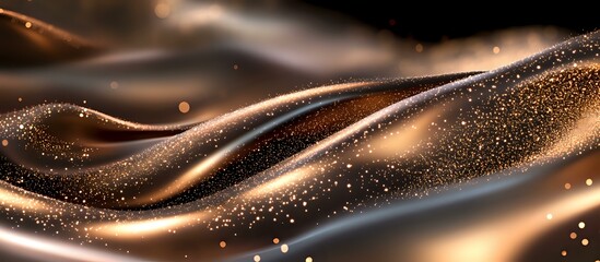 Poster - Luxurious bronze waves with glittering particles flow in smooth curves against dark background creating elegant abstract design for luxury branding and festive backgrounds.