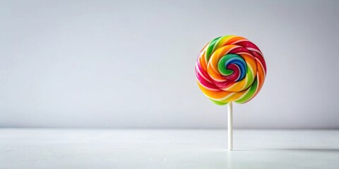 Aufkleber - A vibrant, multicolored swirl lollipop stands on a simple white surface against a neutral background, a delightful confectionery treat.