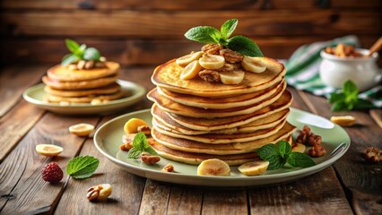 Poster - A Delicious Stack of Buttery Pancakes Topped with Fresh Mint, Sliced Fruit, and Toasted Nuts on a Rustic Wooden Table