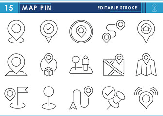 Poster - A set of line icons related to Map Pin. Pin, drop, location, mapping, map, travel, geolocation, and so on. Vector editable stroke.
