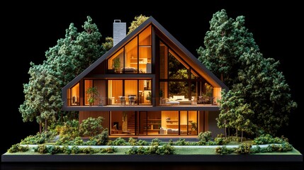 Poster - Stunning architectural model of a modern A-frame house illuminated from within, surrounded by miniature trees and landscaping on a black background