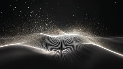 Poster - Abstract flowing waves with glowing light particles creating a dynamic, ethereal landscape against a dark background for modern digital art or technology concepts