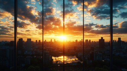 Poster - Vibrant Sunset Illuminating a Sprawling Cityscape Through Vertical Paned Window Casting Long Shadows and Beautiful Cloud Reflections at Dusk
