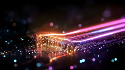 Poster - Glowing microchip with neon pink and purple light trails on dark background, electronic circuit board with bokeh effect and fiber optic illumination.