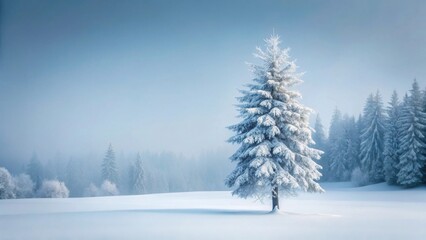 Aufkleber - Serene Winter Landscape A Single Snow-Covered Evergreen Stands in a Frosty Field, Backlit by a Soft, Misty Dawn.