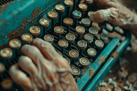 Close Up of an Aged Hand Typing on a Vintage Typewriter with Rusted Keys and a Worn Surface, Nostalgic Writing Concept, Generative AI