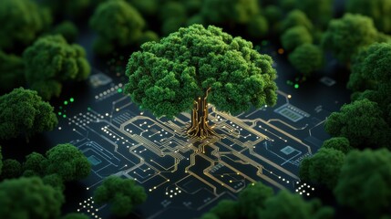 Poster - A lush green tree stands at the center of a glowing circuit board surrounded by a dense forest symbolizing nature and technology harmony and integration
