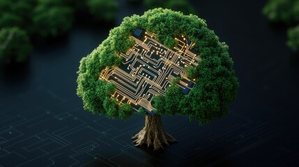 Poster - A stylized tree with glowing circuit board in trunk on dark surface with faint circuit patterns symbolizing the integration of technology and nature