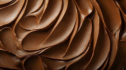 Poster - Creamy chocolate frosting swirls in rich brown waves creating luxurious texture pattern, macro close up view shows smooth velvety surface with delicate peaks and curves.