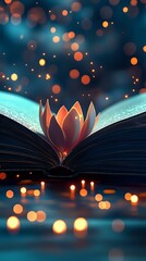 Poster - Glowing lotus flower emerges from open book pages against dark background with magical bokeh lights and reflections, creating mystical reading atmosphere.