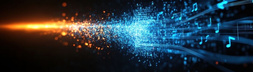 Poster - abstract digital stream of musical notes gracefully flowing from an orange glowing source toward a s