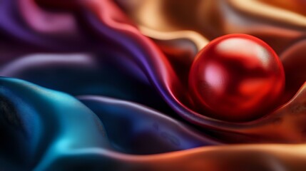 Poster - Shiny red pearl on flowing silk fabric with vibrant blue, purple and copper colored satin waves creating elegant luxury background for jewelry design.