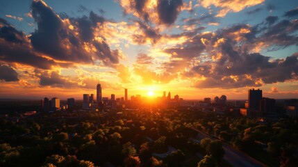 Poster - Breathtaking panoramic city skyline silhouetted against a vibrant sunset with dramatic clouds creating a stunning atmospheric view of urban scenery