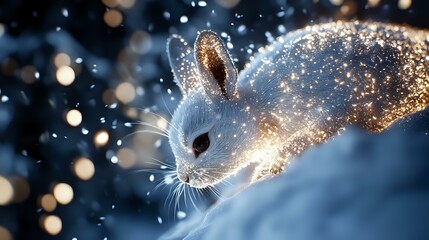 Poster - Magical winter bunny portrait with sparkles and bokeh lights against snowy blue background, close up of rabbit face with glowing particles and frost effect.