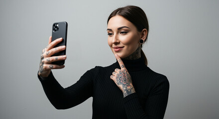 Poster - Woman with tattoos takes selfie portrait using smartphone in studio with neutral background. Beautiful tattooed woman in black turtleneck making self portrait on mobile phone
