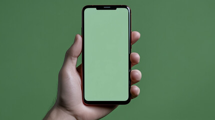 Poster - Smartphone in hand with green screen for chroma key compositing against green background. Mobile phone held by person for advertising and app promotion