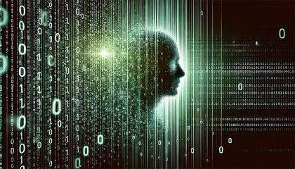 Silhouetted human face made from glowing binary code, symbolizing AI, data processing, and digital identity in a matrix environment.
