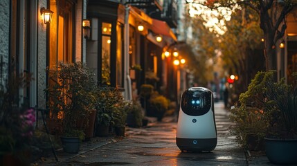Aufkleber - A delivery robot moves down a quiet city street, illuminated by soft lights from nearby establishments, showcasing advancements in automated delivery systems and infrastructure.