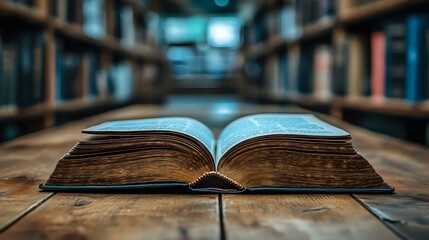 Poster - Open vintage book with glowing pages on wooden table in dark library, creating magical atmosphere with blurred bookshelves in background. Soft blue light illuminates aged paper.