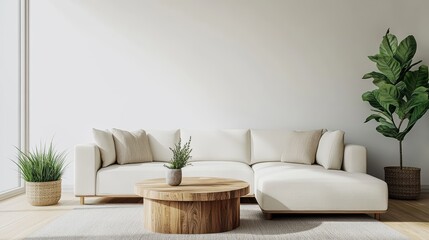 Poster - Minimalist living room with large off-white sectional sofa, round wooden coffee table, potted fiddle-leaf fig, and cozy decorative plants for ambiance