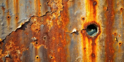 Poster - Highly textured rusted metal sheet with holes and peeling paint showing signs of extensive corrosion and decay
