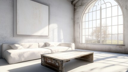Poster - Sunlit Minimalist Living Room Featu Large Arched Window, White Sofa, Rustic Coffee Table, and Blank s Wall for Creative Inspiration and Comfort