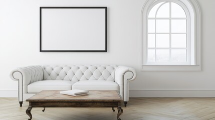 Poster - bright clean white room featu a plush white tufted sofa, rustic coffee table with book, and large em