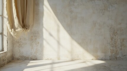 Poster - Soft Sunlight Streaming Through Window Illuminates Sheer Curtain and Textured Off-White Wall Creating Subtle Shadows and Warm Atmosphere at Home