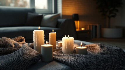 Poster - Softly Glowing Candles of Various Heights Embellished on A Dark Gray Textured Surface with A Cozy Knit Throw in a Dimly Lit Living Room Atmosphere